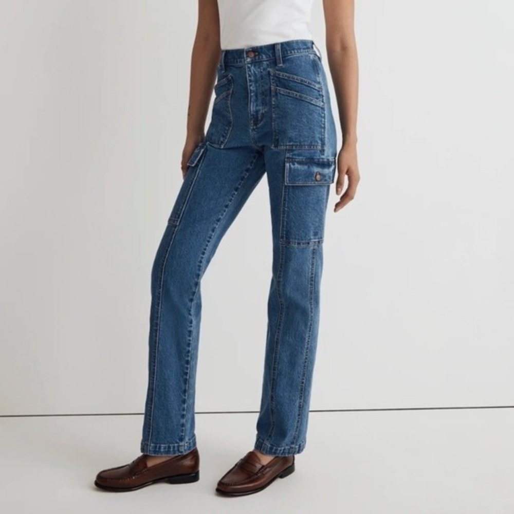 Madewell 90s Straight Cargo Jeans Size 26‎ Blue Denim High Rise Utility Pockets